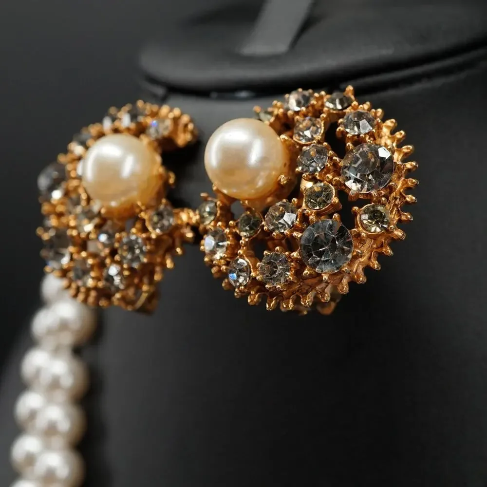 Vintage Hattie Carnegie 1940s Faux Pearl Rhinestone Necklace Earring Set Tassel